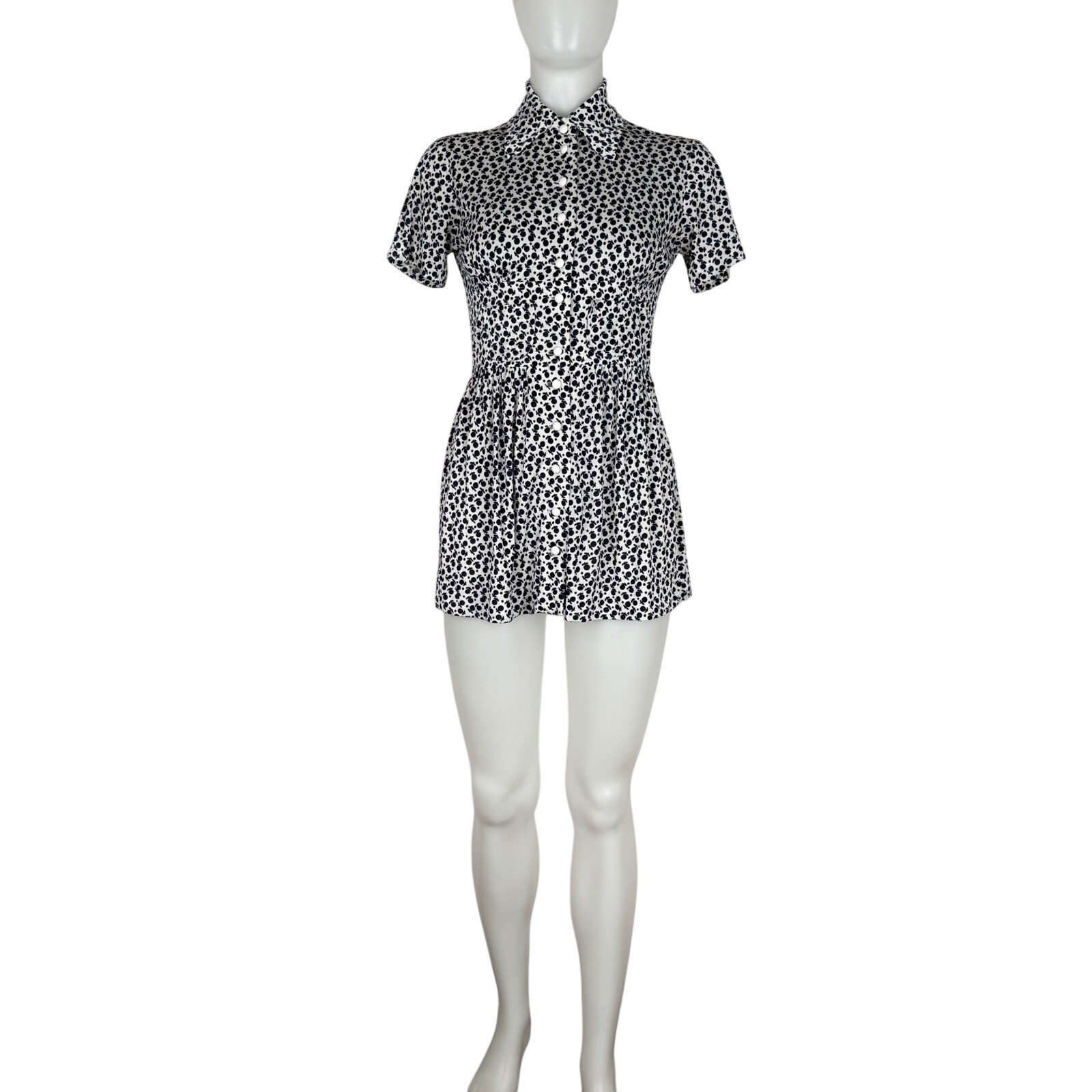 VTG 60s Micro Mini Dress Tunic ILGWU Union Made Navy White Button Front XS