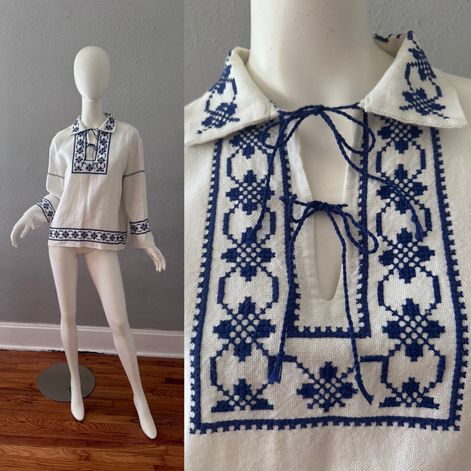 Vintage White Hippie Blue Embroidered Boho Top Blouse M/L