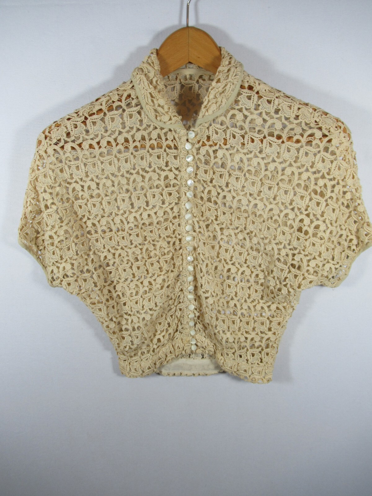Antique Vintage Crochet Lace Bolero Jacket Cardigan Dolman Sleeve Button Up