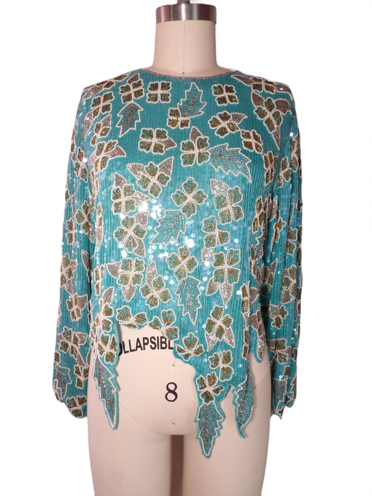 Vintage 80’s Xoanon Aqua Silk Beaded, Sequin Floral Top Size Large