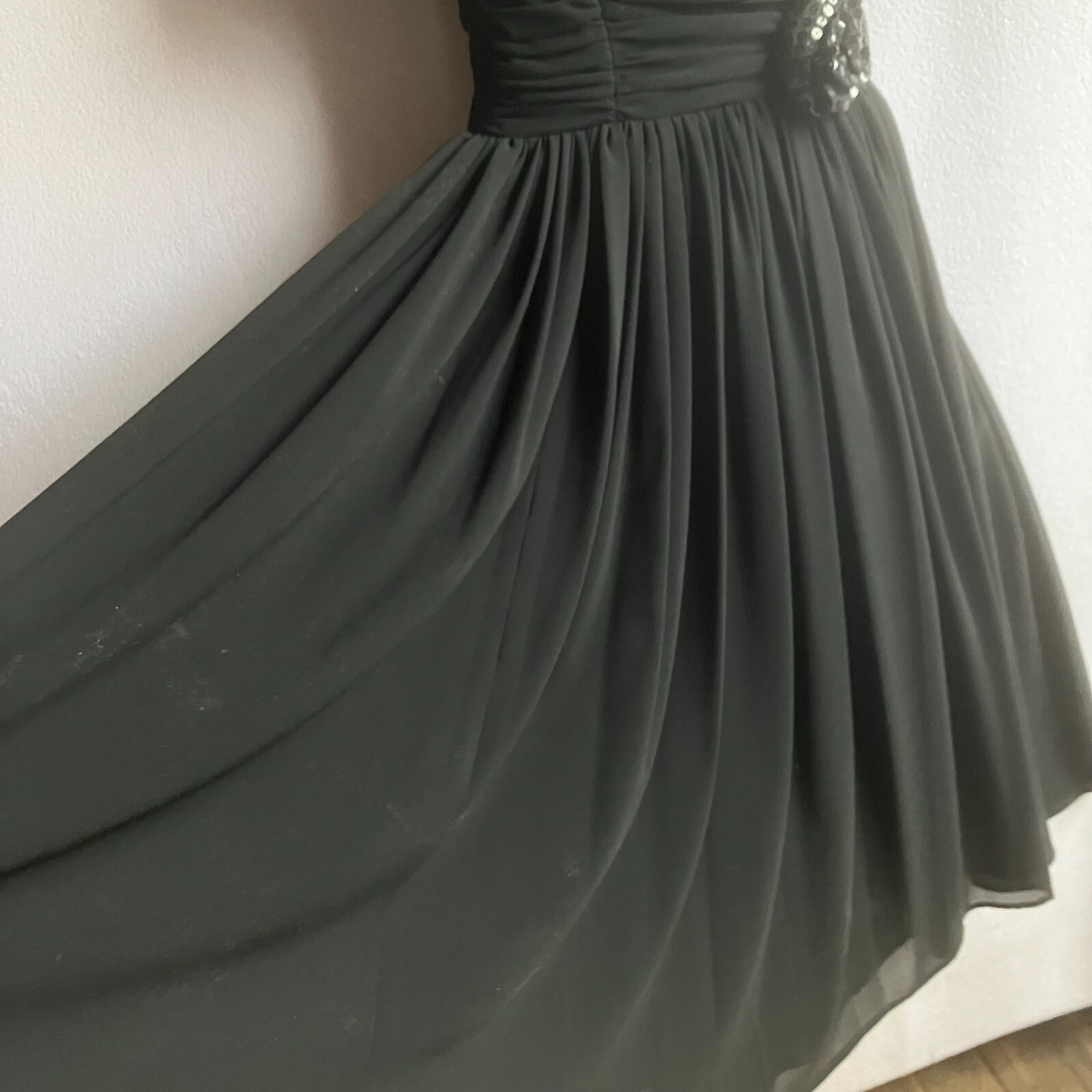 Vintage 1980s 1990s Black Sequin Short Sleeve Open Back Fit & Flare Dress Small