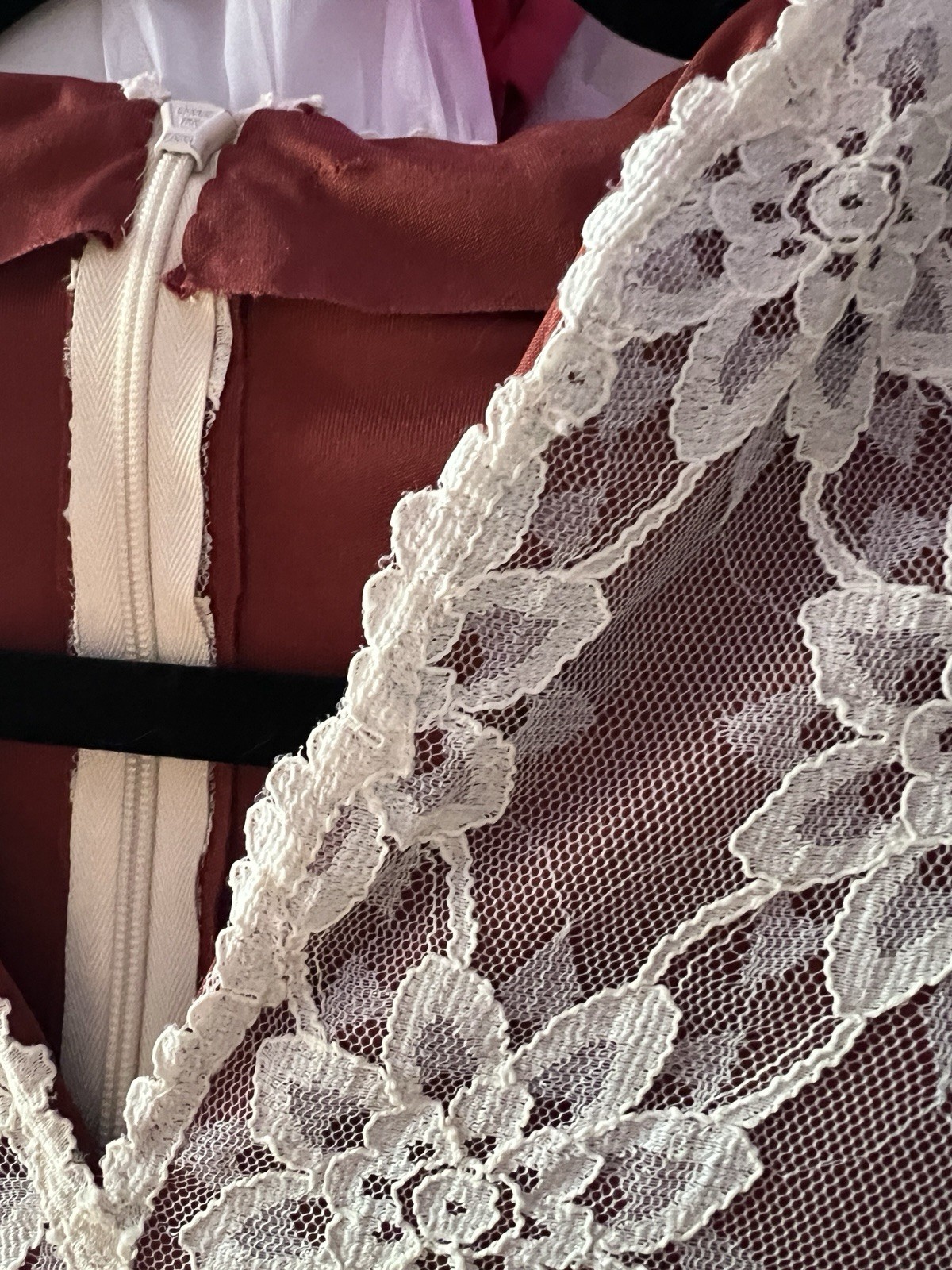 Handmade Vintage Dress 70s Cream Lace Rust Burgundy Gown Maxi Long Sleeve S/M