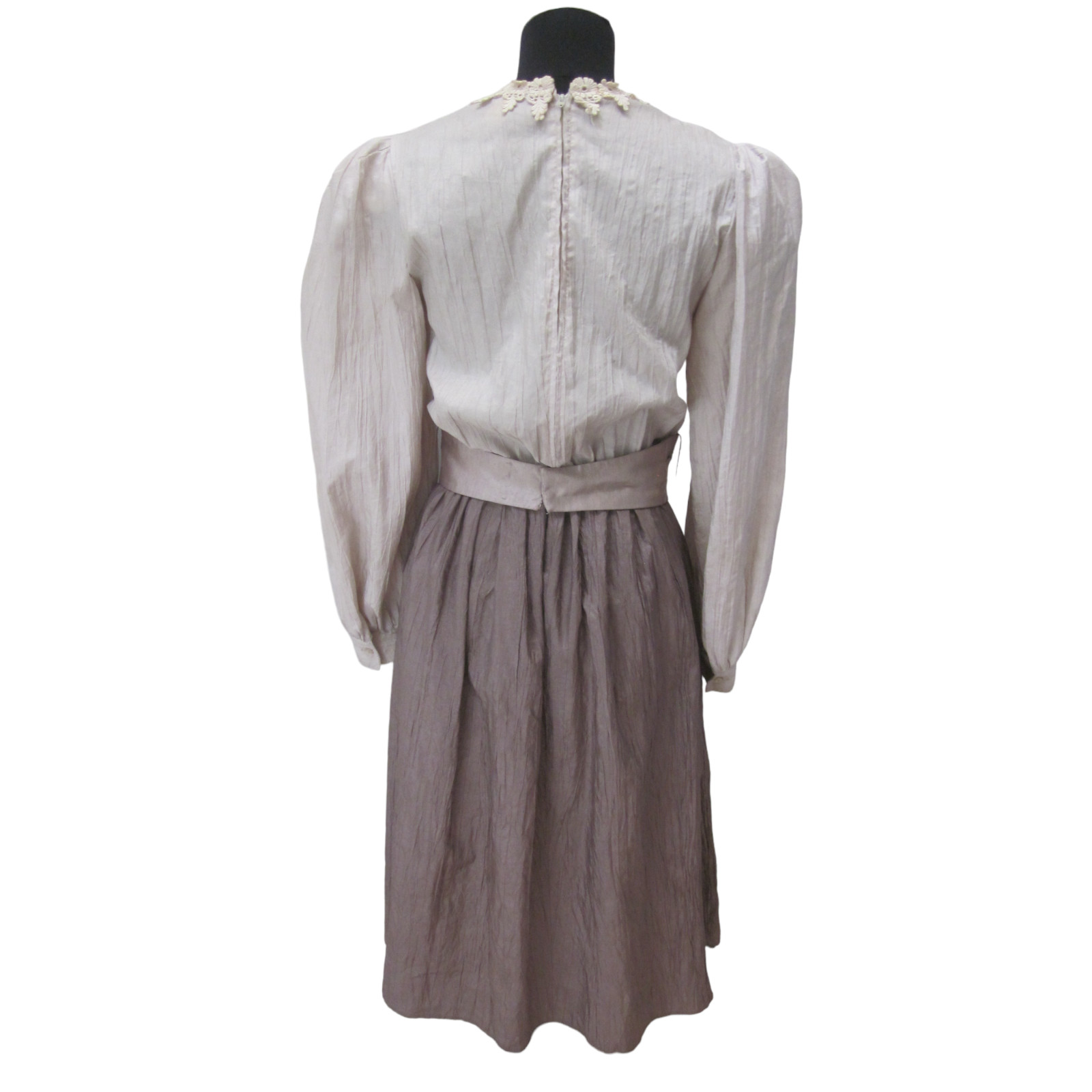VTG DONNA MORGAN Beige & Taupe Lace Trim Long Puff Sleeve Taffeta Dress Sz 5 6