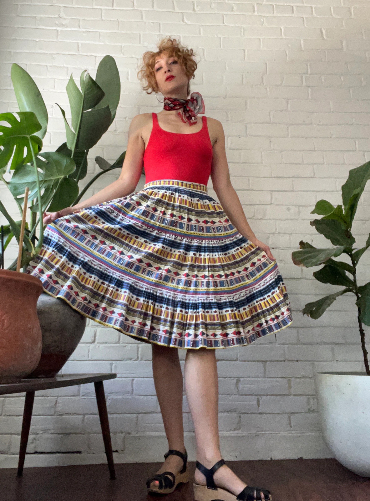 GEOMETRIC STRIPE Vintage 1950s Tiered Cotton Swing Skirt Bright Primary Colours