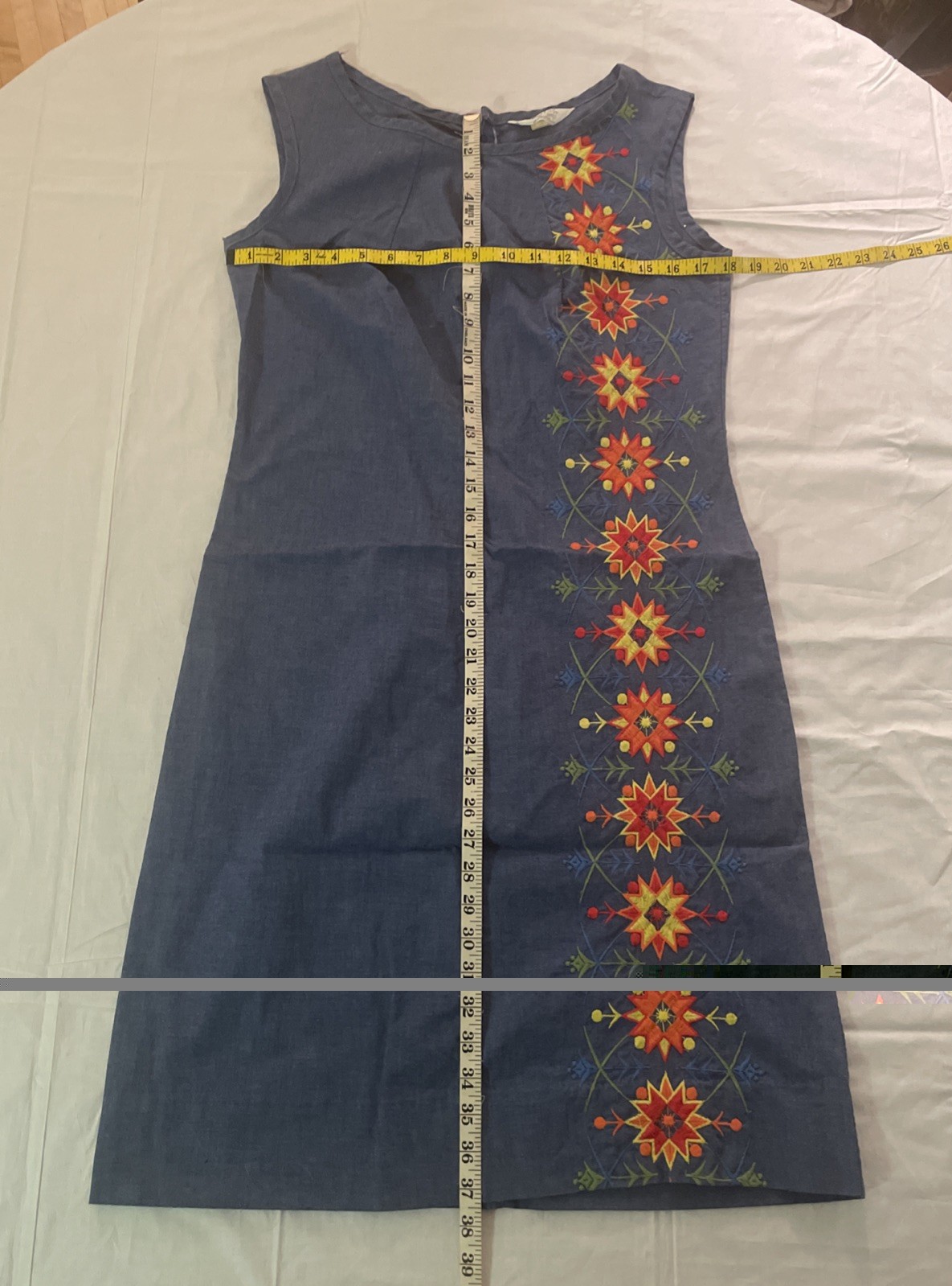 Vintage 60s 70s Katz Shift Dress Chambray Nordic Sunburst Embroidery 34 EUC