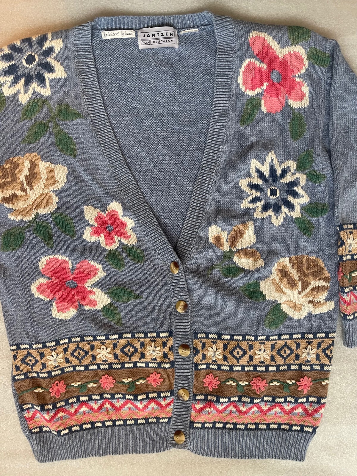 Y2K JANTZEN CLASSICS, RAMIE COTTON KNIT BLUE CARDIGAN HAND STITCHED FLOWERS, EUC