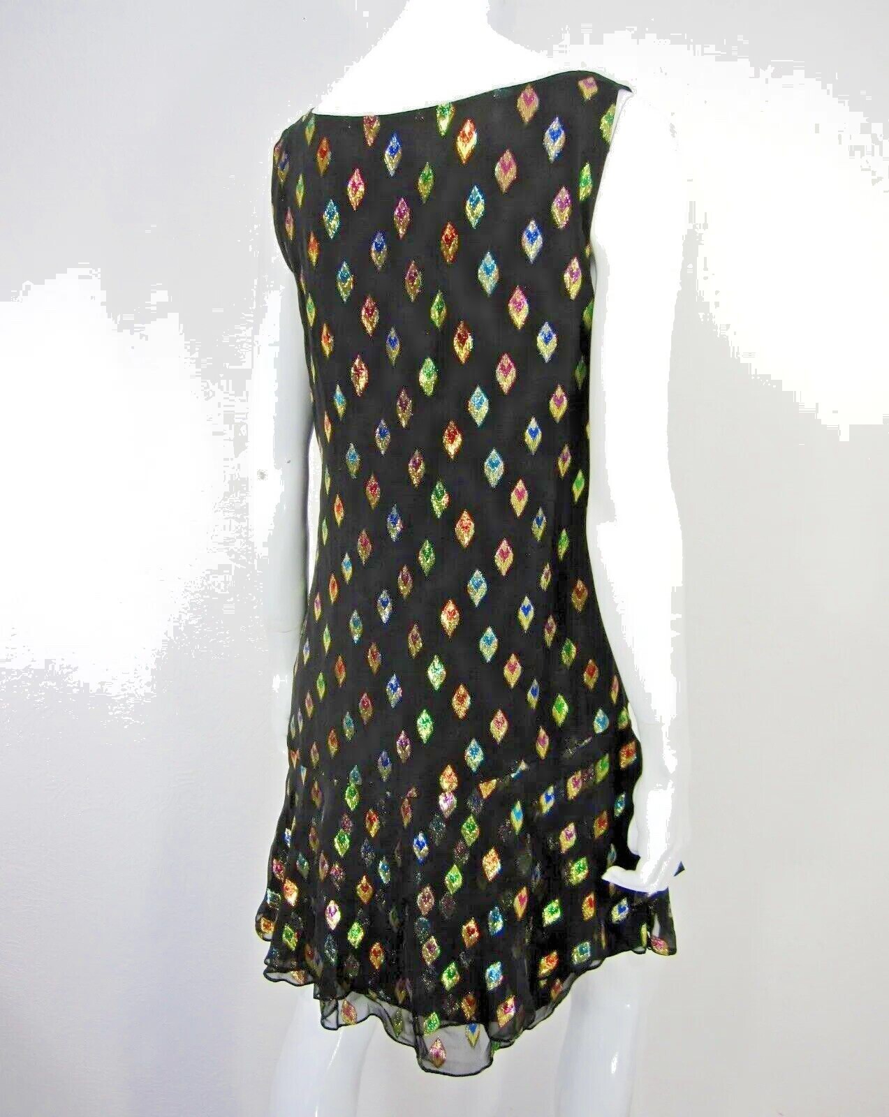 DKNY Women’s colorful Diamond Embroidered Dress Size L Large Black Ruffled Hem