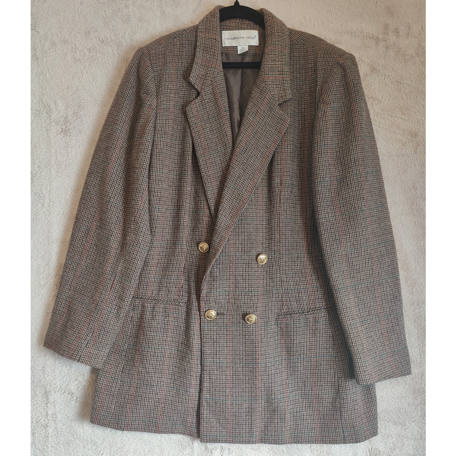 Vintage Fundamental Things Wool Blend Double Breasted Blazer Brown Plaid Sz 16