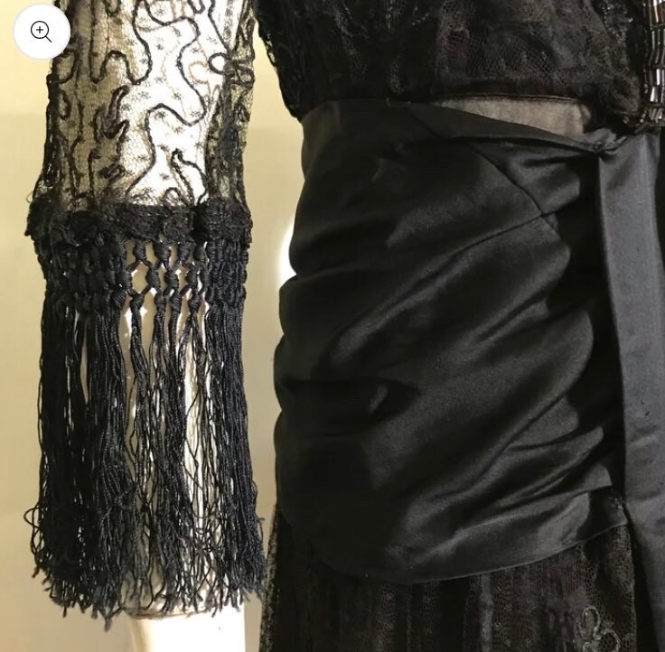 Antique 1910s Fringe and Bead Trimmed Black Silk Dress Vintage