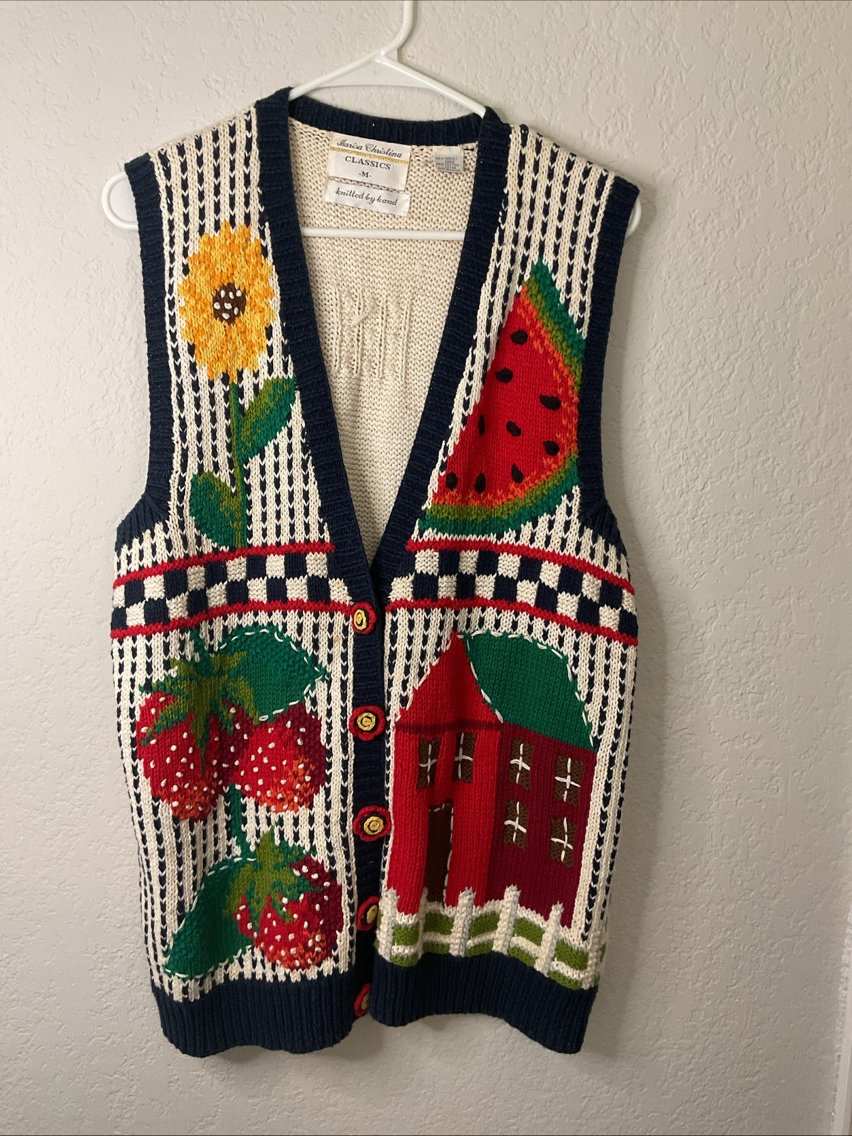 Vintage Marisa Christina Classics Medium Hand Knitted Vest Fruit Flower 80’s