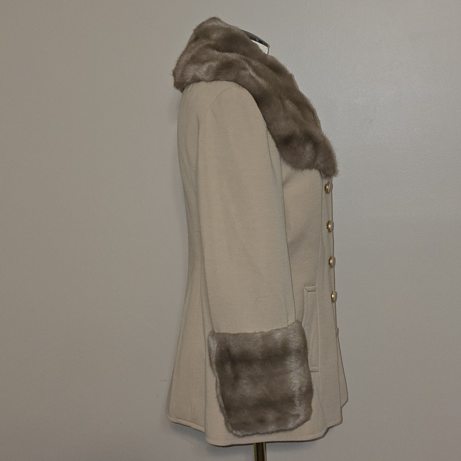 VTG 1960s Lilli Ann Tan Penny Lane 27″ Mid Coat Brown Faux Fur Trim Cuffs L 16