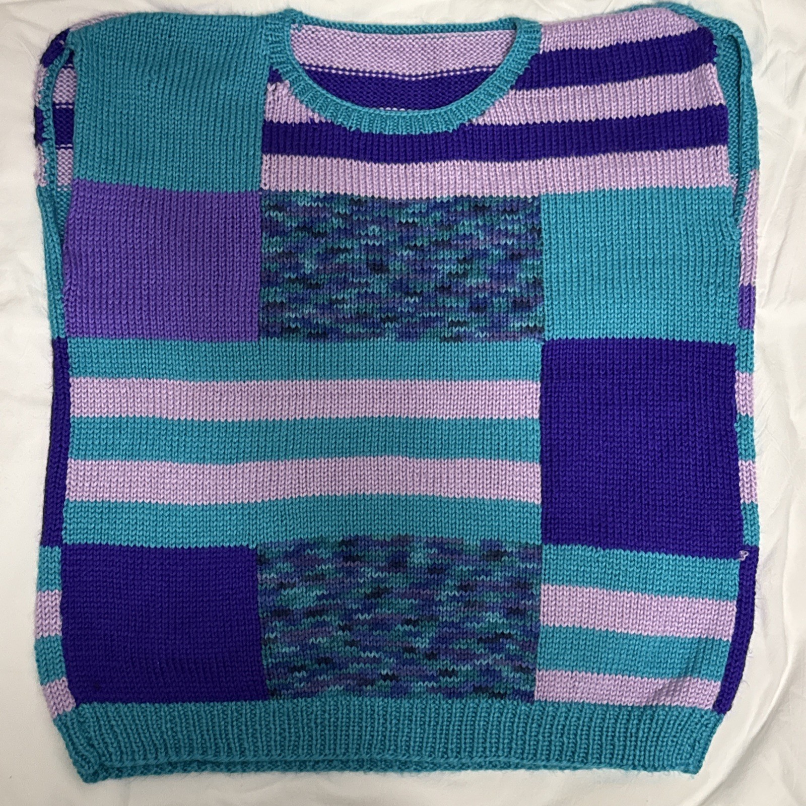 Vintage Handmade Knitted Purple Turquoise Colorblock Sleeveless Sweater Vest XL