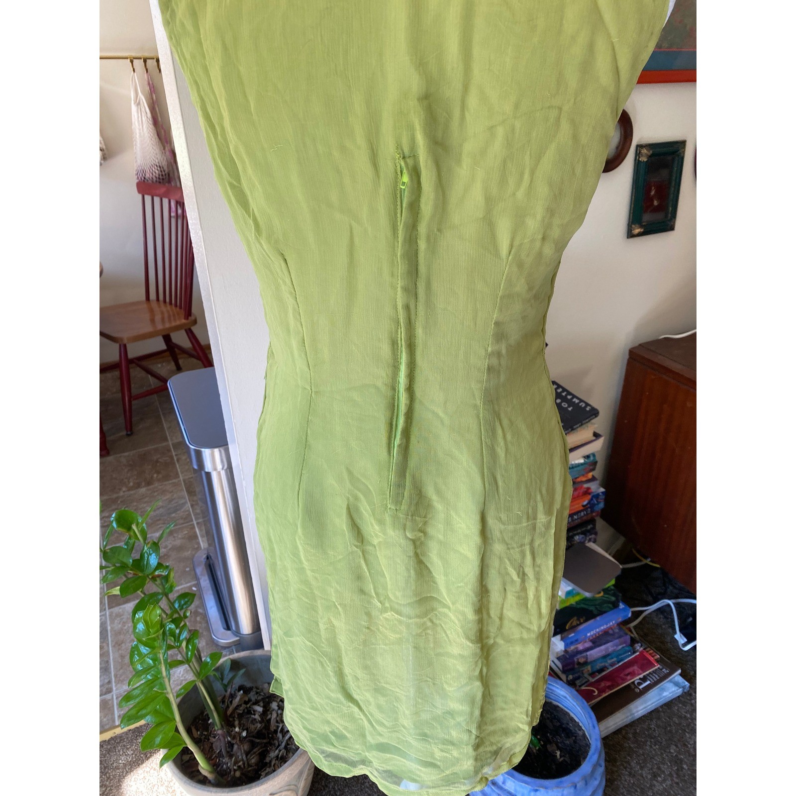 Vintage Silk Sheer Embroidered Green Shift Dress Medium Boho Fairy Ethereal Fest
