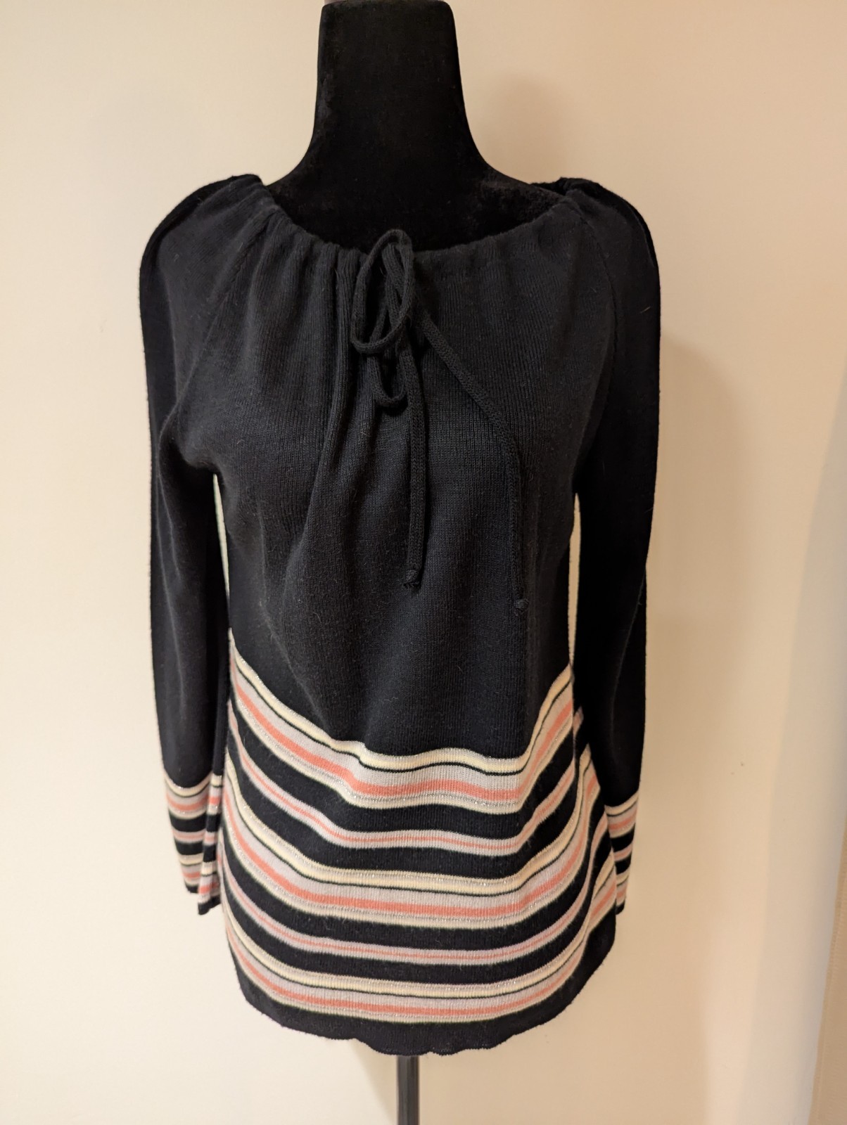 Vintage 1980s Keneth Too Black Striped Sweater Shirt Pink Grey Silver Size M/L
