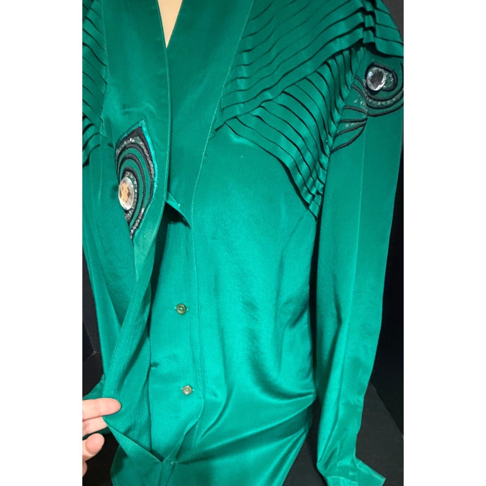 I.B. Diffusion 80s Emerald Green Silk Embellished Abstract Peacock VTG Top Sz 10