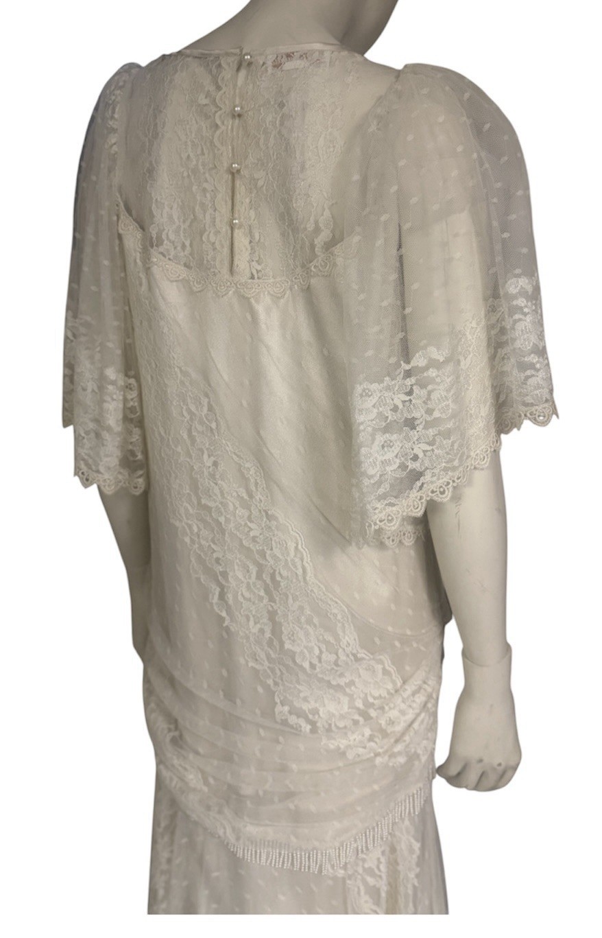 Vintage 80s Lorrie Kabala Lace Dress Bell Sleeve Boho Bridal New Size S M 8 Prom