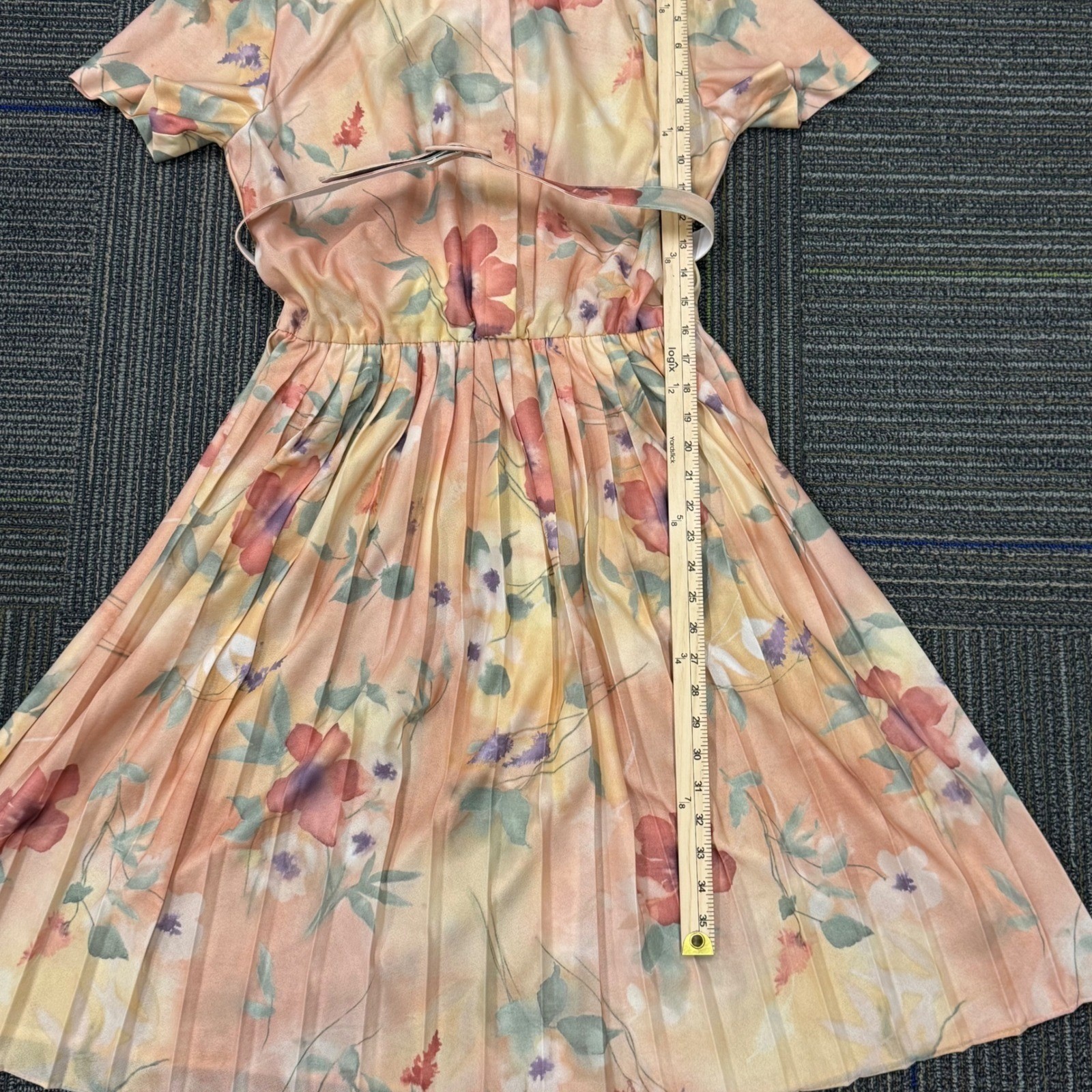 California Looks Floral Midi Dress Womens M Peach Vintage 80s Belted Pleated Exc