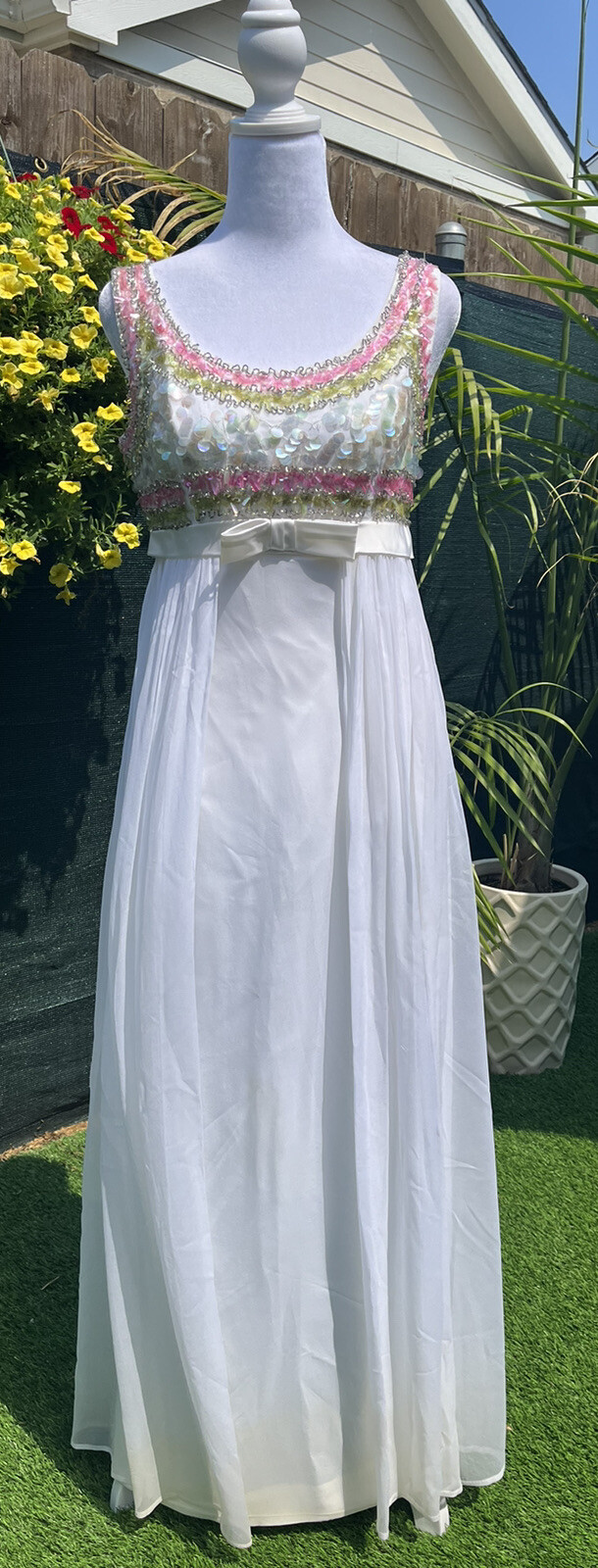Vtg 60’s White Pink Green Beaded Palette Sequin Maxi Hostess Wedding Party Dress