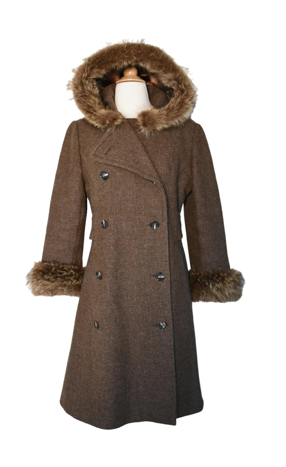 Vintage 70s Ronnie Sophisticates Cocoa Brown Wool Tweed Fur Hood Penny Lane Coat