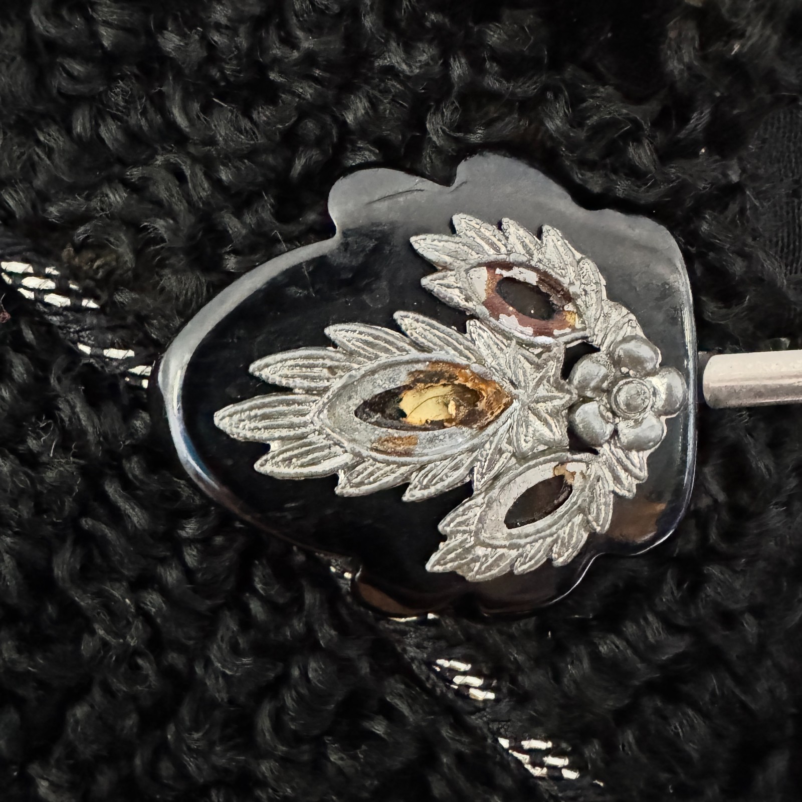 1890s Vintage WOOL Cloak Shawl Silver FILIGREE CLASP Mantel ANTIQUE Fibula Black