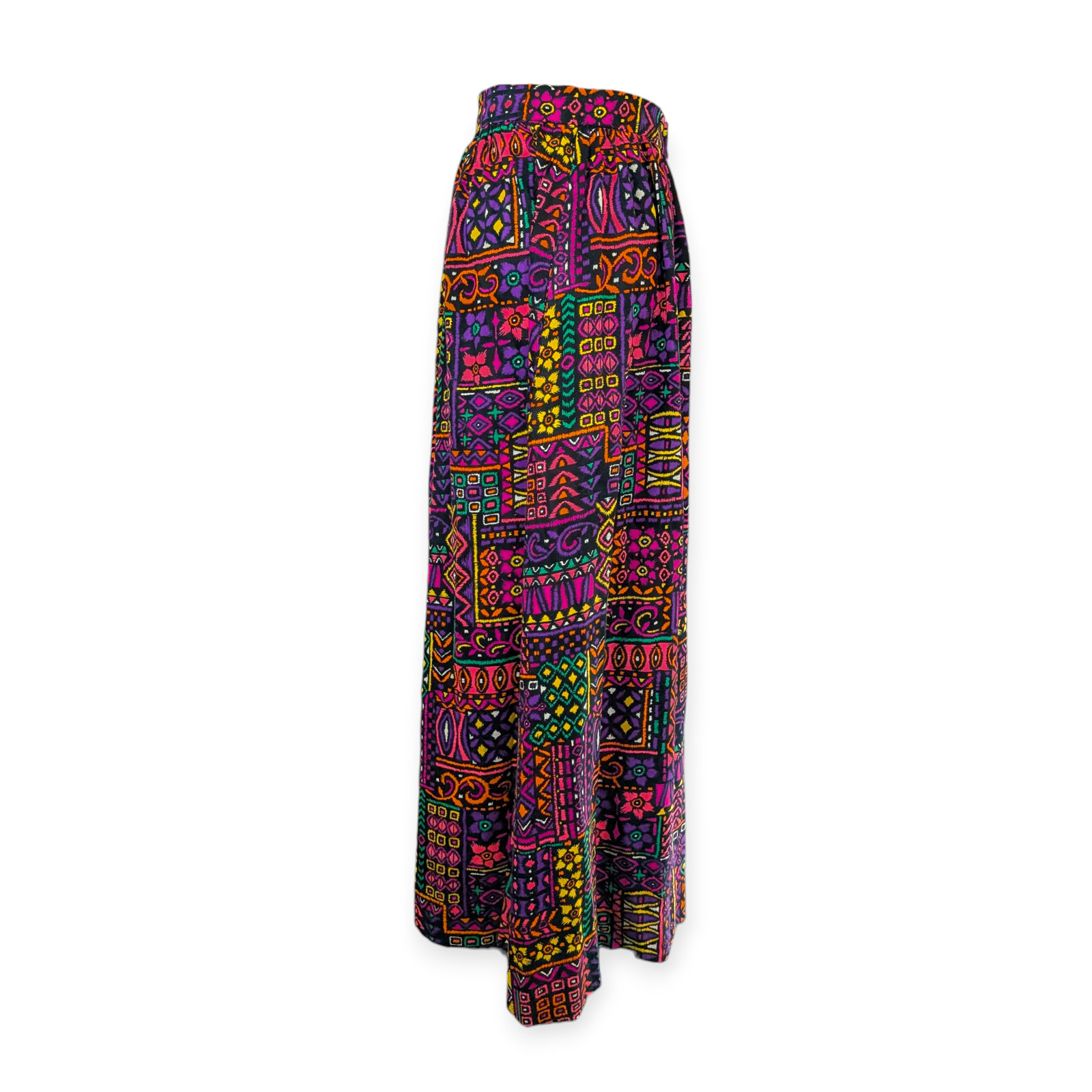 60s 70s Barkcloth Wood Block Print Maxi Skirt ~ neon small groovy