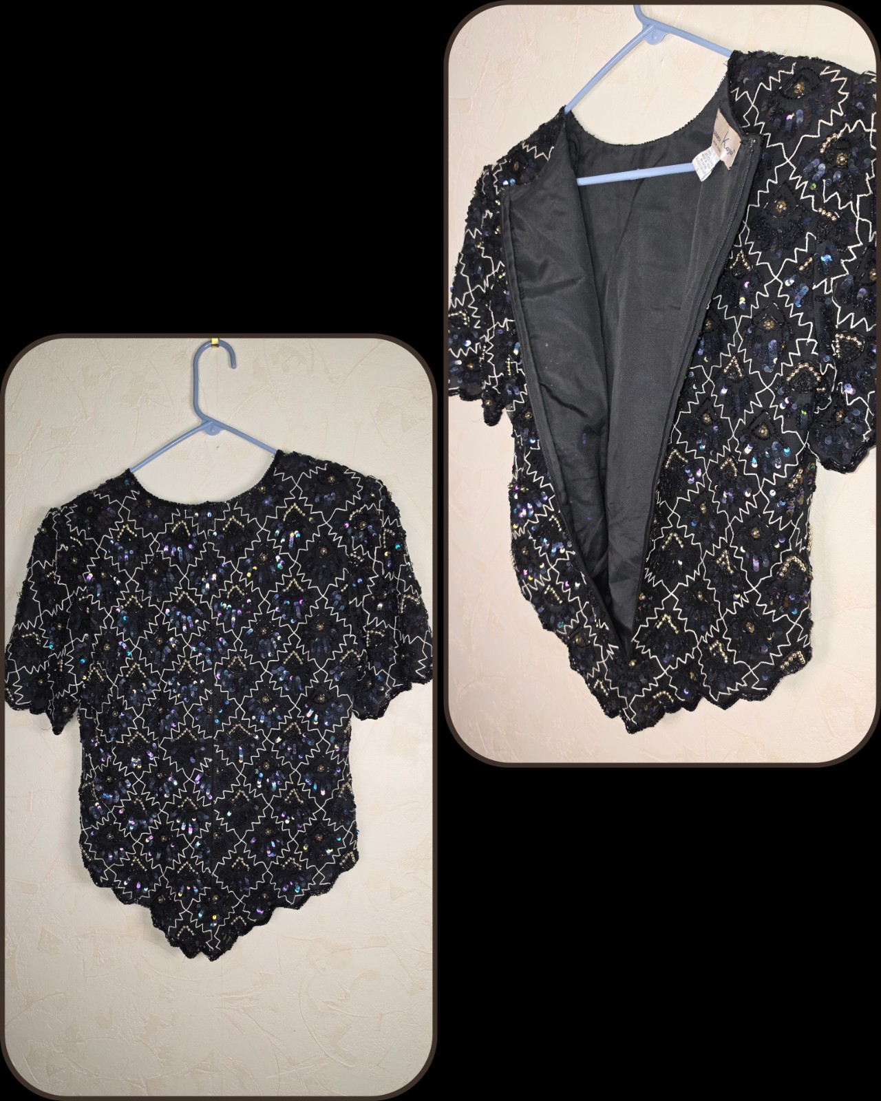 Laurence Kazar Vintage 80s Black Silk Sequined Beaded Evening Cocktail Top large