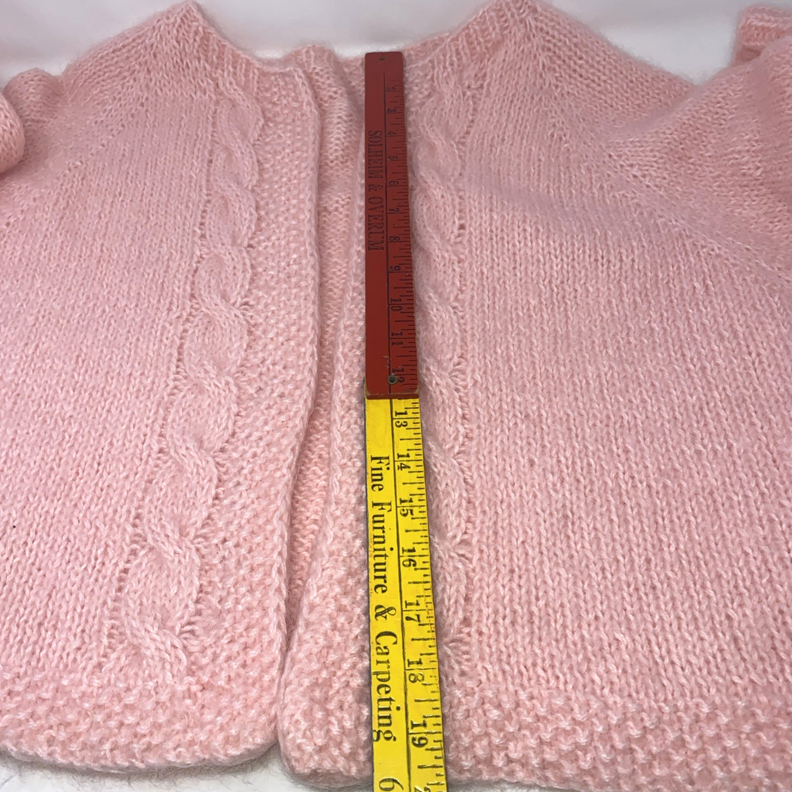 Vintage Pink Mohair Cardigan Hand Knit Cable Stitch Large