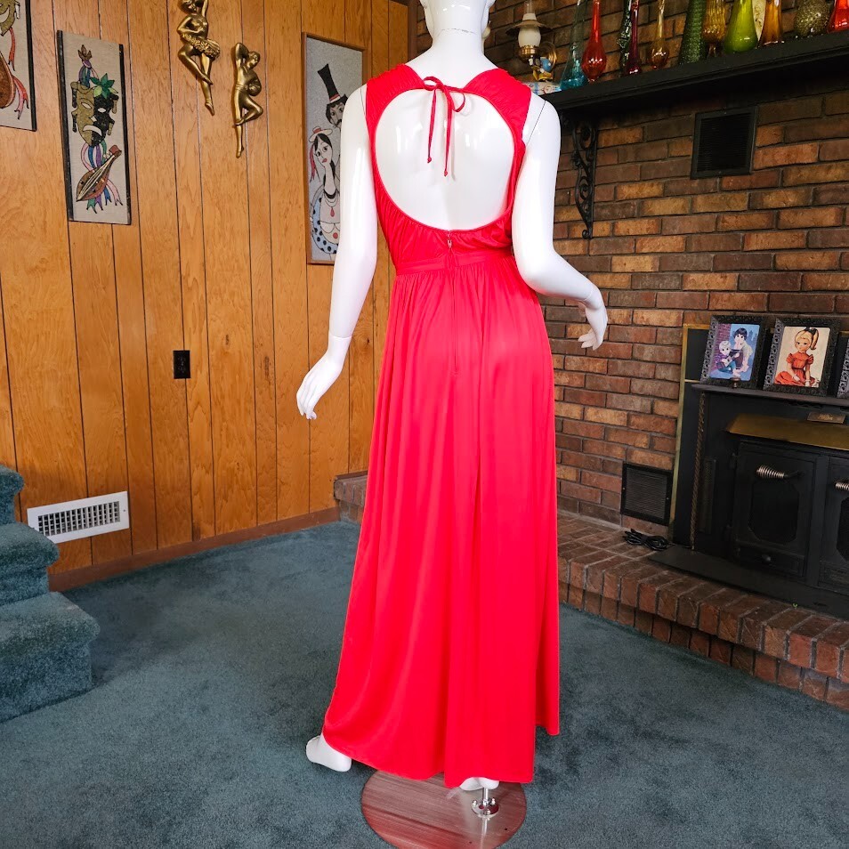 Vintage 70s Disco Cut Out Backless Red Draped Jersey Maxi Bra Dress Gown XS/S