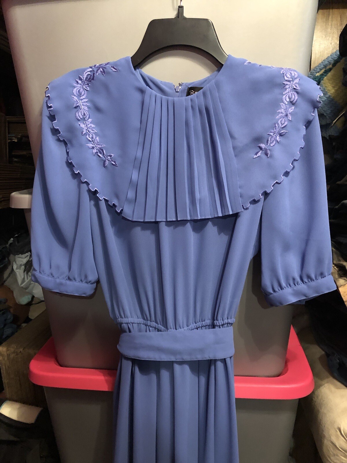 Vtg Billy Jack for Her 11/12 Blue Floral Embroidered Blouson Sheer Belted Dress