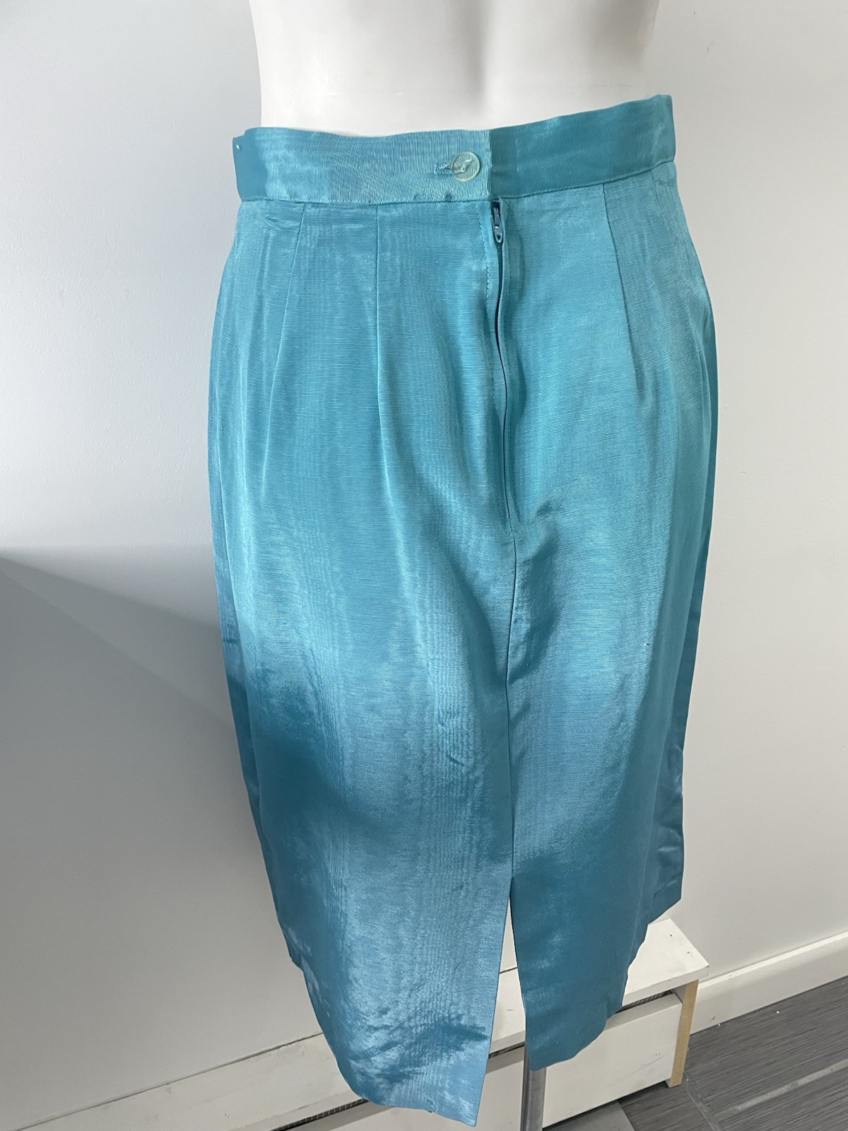 Vtg Evenings by Pantagis 80s Dress Blue Moire Rhinestone Bow Peplum Top Skirt