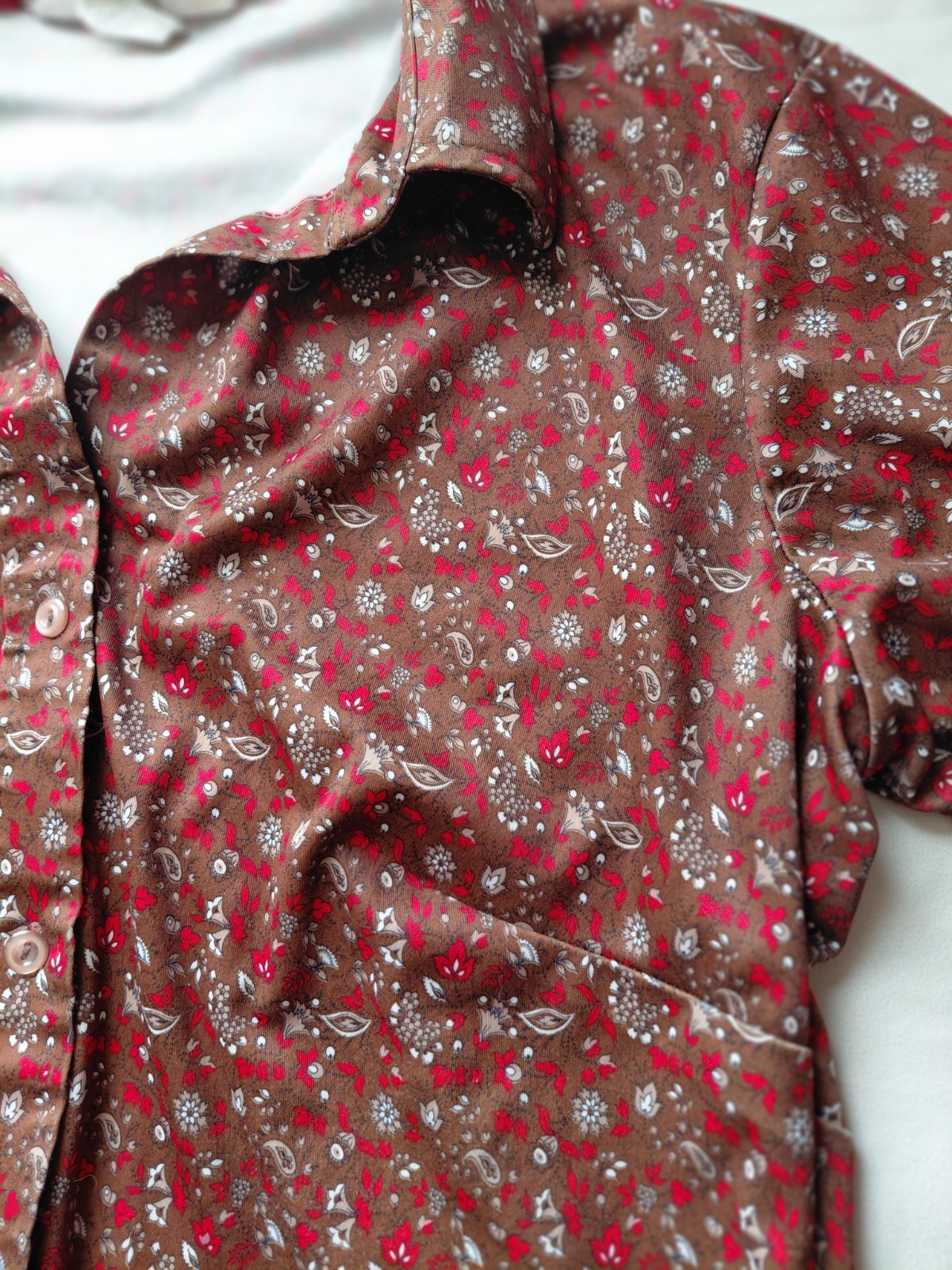 Vintage 1970s Sears The Shirt Paisley Blouse Brown Red Dagger Collar Western XL