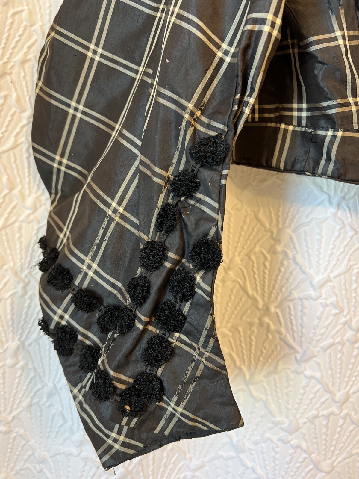 Antique 19thC Victorian Black Plaid Silk Ladies Bodice Jacket