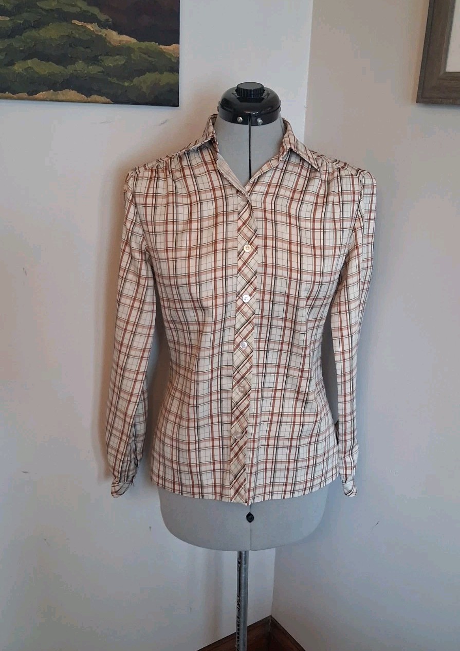 Vintage 70s Blouse Collegetown Retro Secretary Button Down, mcm Sz M Plaid