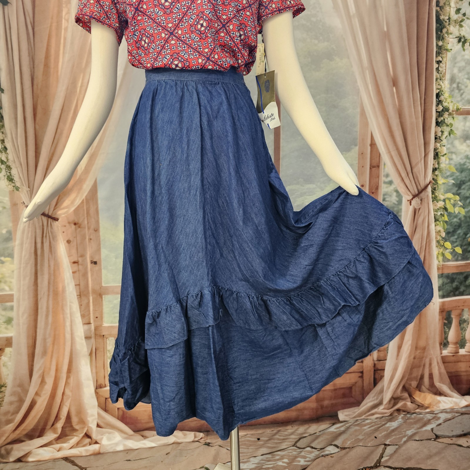 Vintage 1970s Skirt Denim Blue Jean Ruffle Flowy Midi Length Retro Chequers