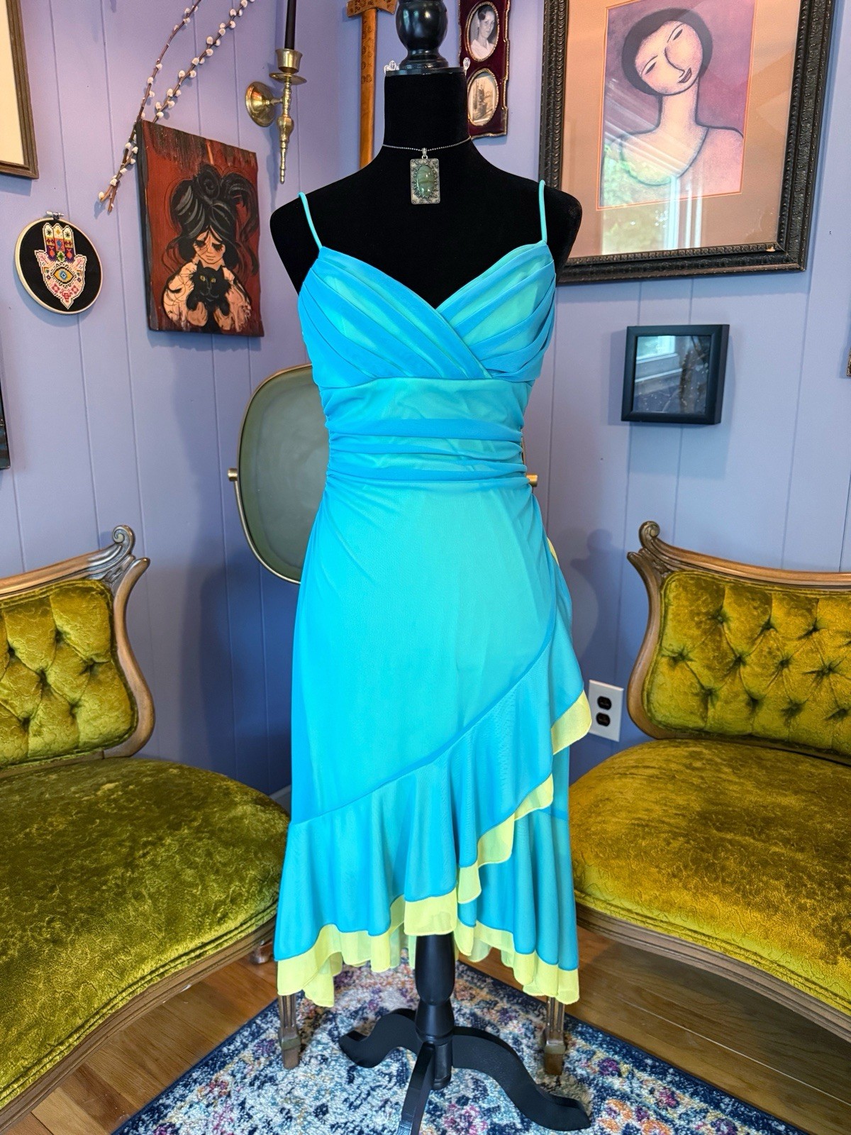 Vtg Y2K City Triangles Turquoise And Green Asymmetrical Spaghetti Strap Dress L