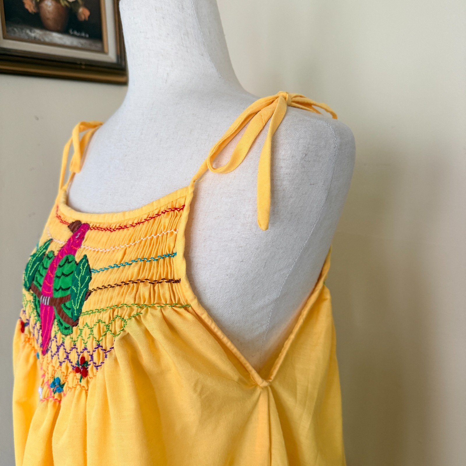 Handmade Artisan Mexican Style Embroidered Bird Smocked Sundress Tie Sleeves