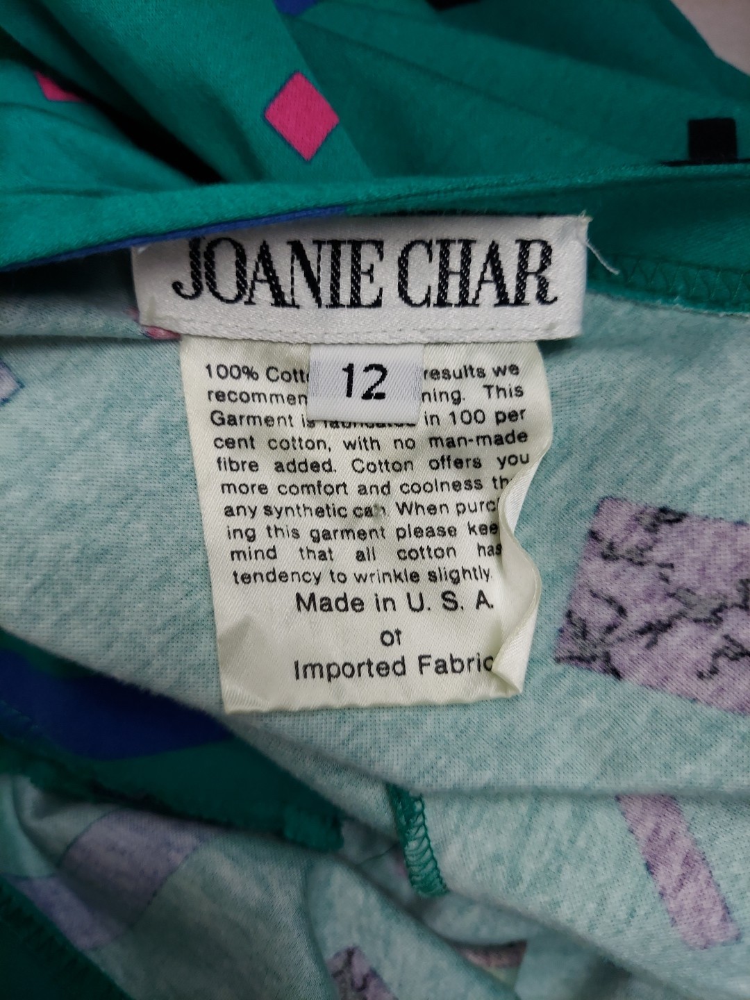Vintage Joanie Char Medi Dress Womens 12 Geo Memphis Style 100%Cotton Natural US