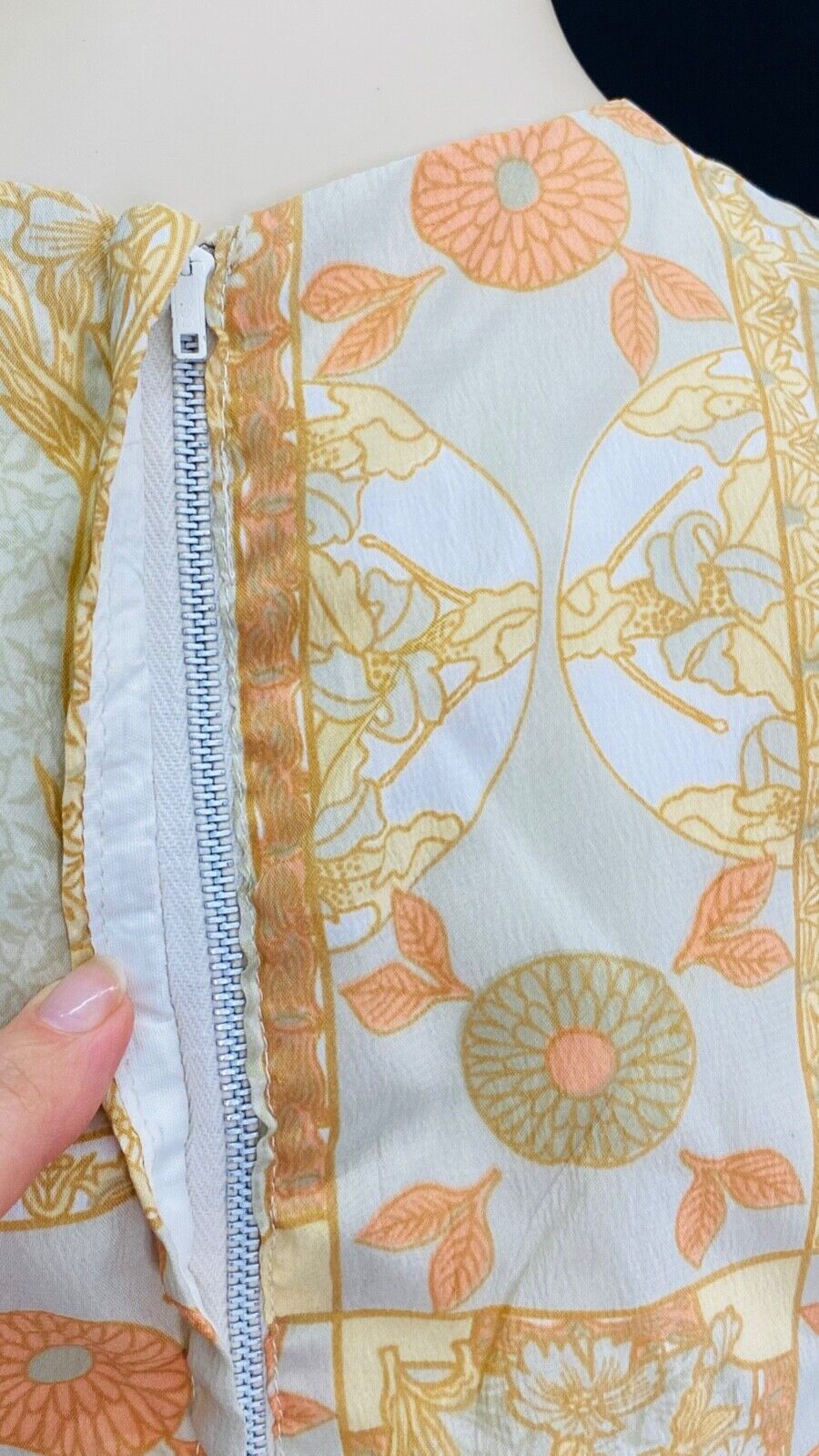 Vintage 1960s white Asian style dress, tan brown orange gold floral summer XXS