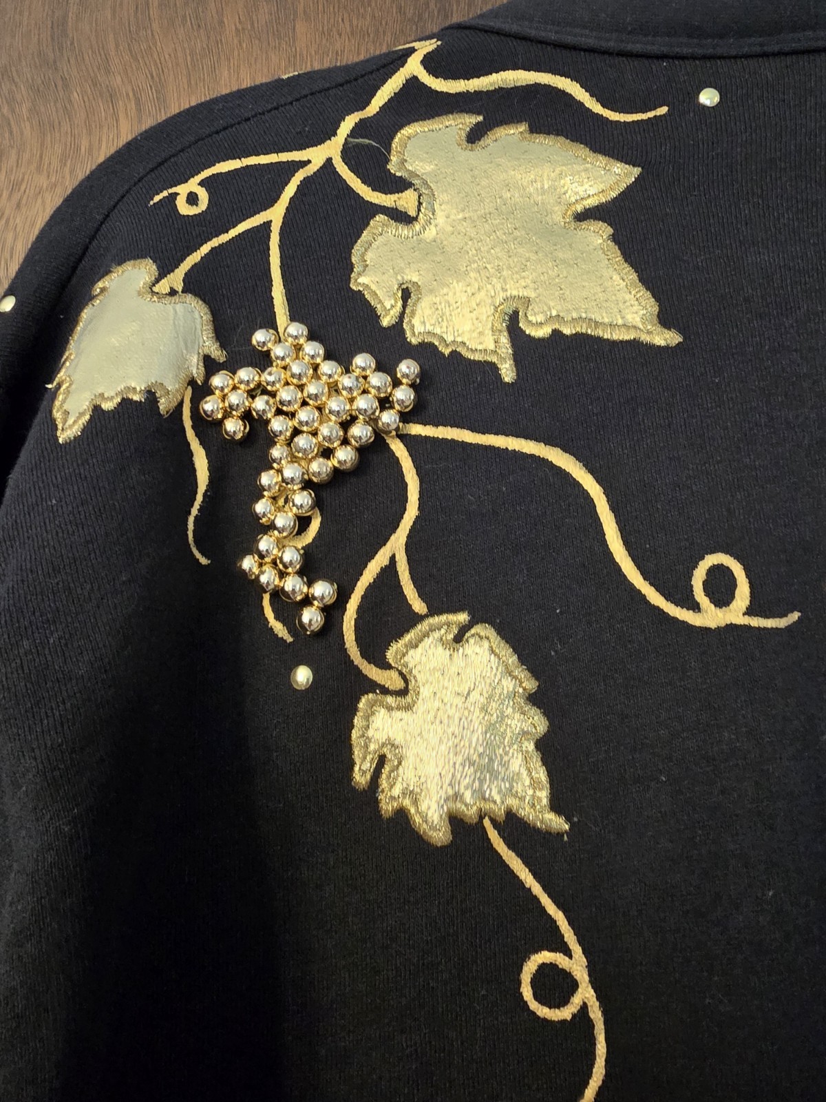 Vintage Jerzees Black Cardigan with Gold Grape Beads Pattern Signed TZC OS READ