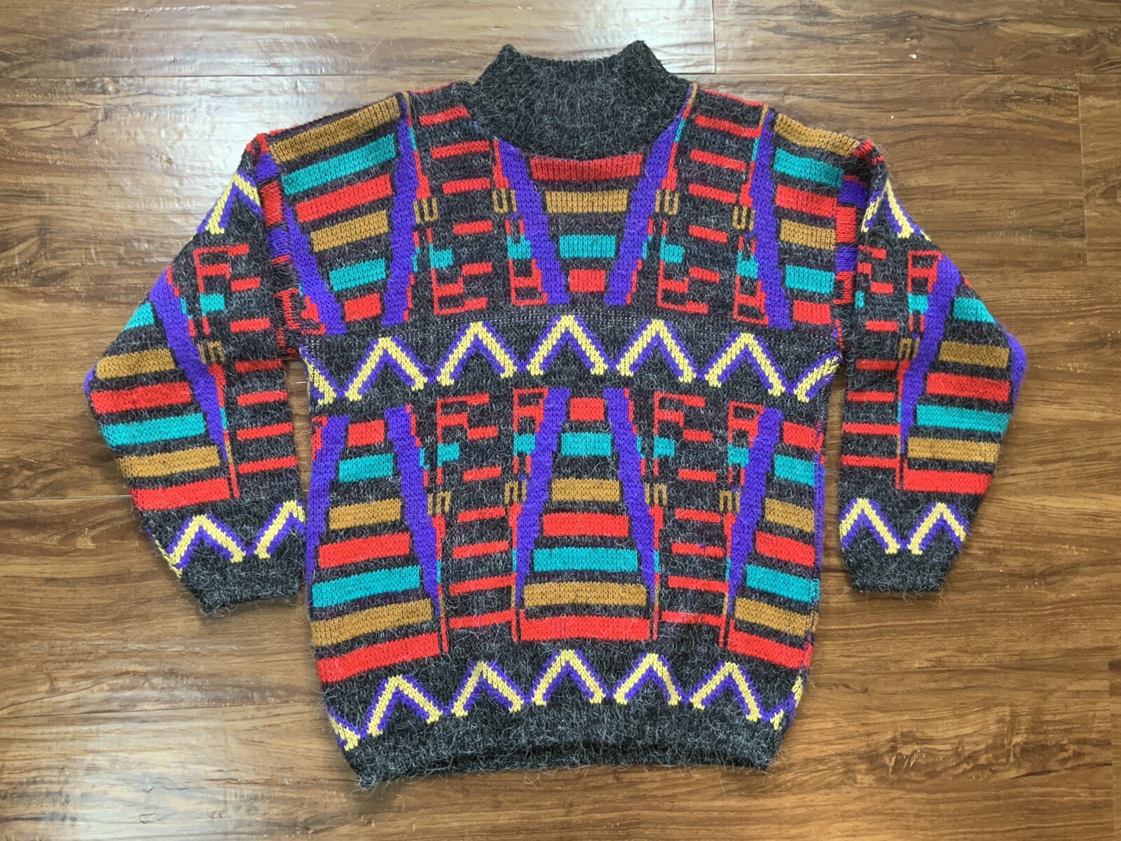 VTG Croquet Club Abstract Sweater 80s Geometric Rainbow 90s Womens Large Retro