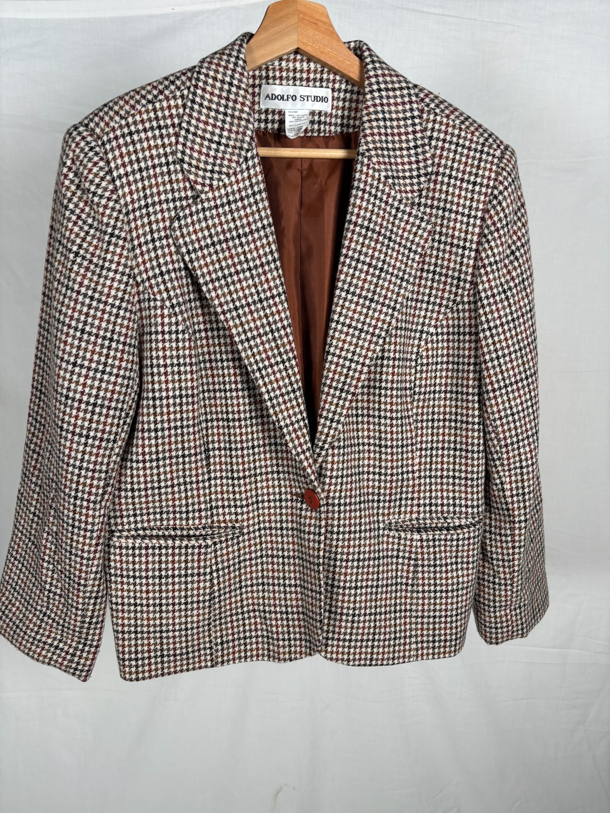 Adolfo Studio Vintage 80s Warm Tone Houndstooth Wool Blend Blazer Sz 12