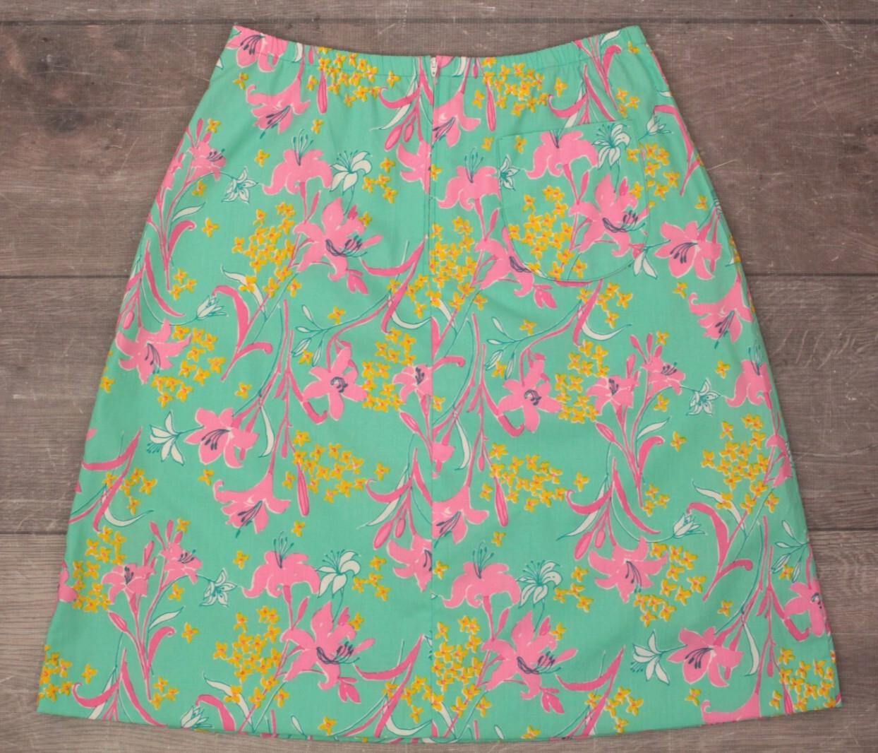 VTG Women’s 60s Teal & Pink Bow Trim Floral Print Lilly Pulitzer Skirt M/L 1960s