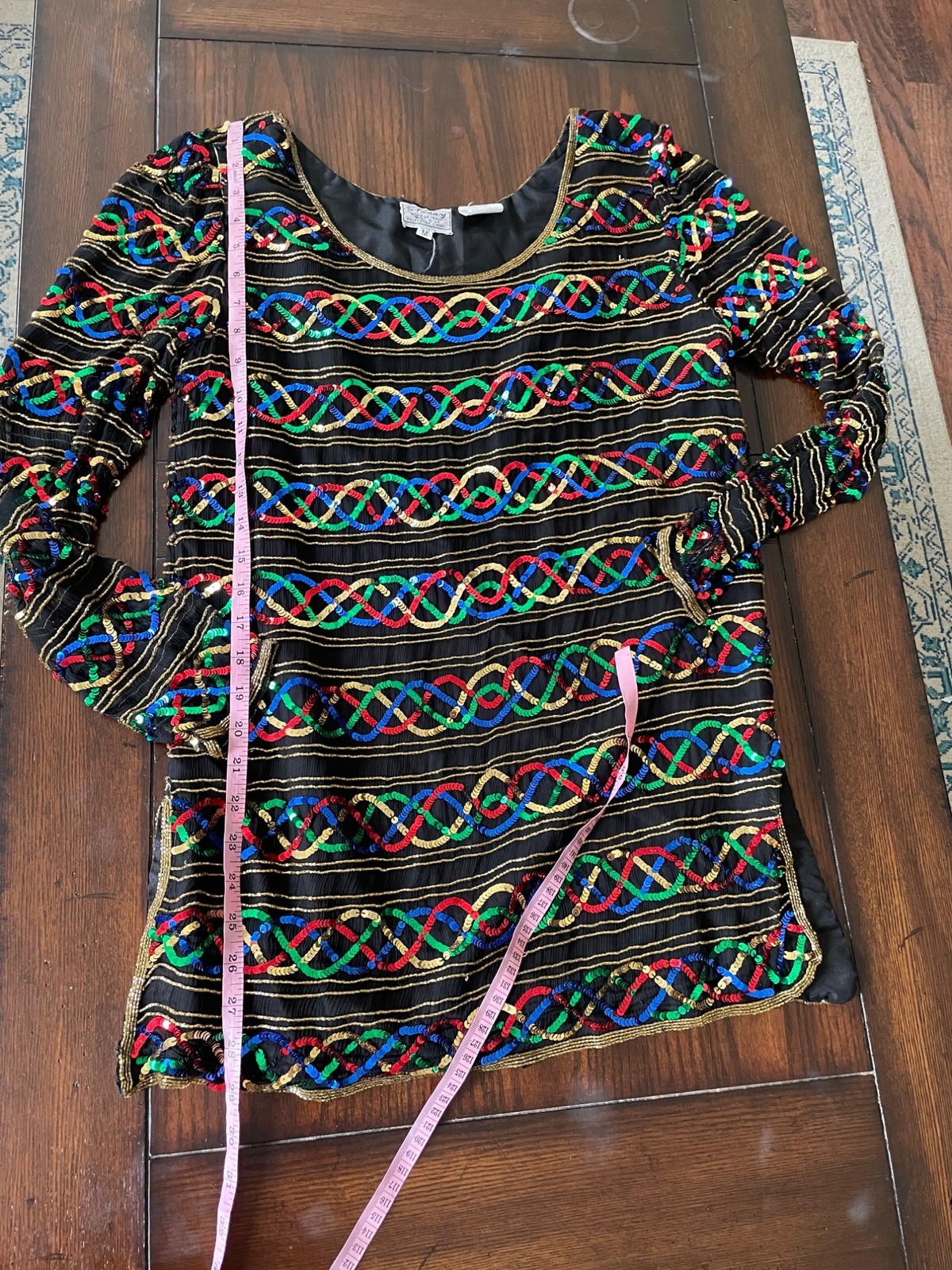 Vintage Stenay Silk Rainbow Sequin Shirt Scoop Neck Blouse Top Showgirl Sparkle