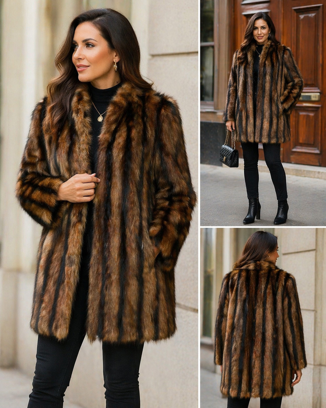Vintage Raccoon Fur Coat 40” Brown Black Striped Let Out 3/4 Length Full Pelts