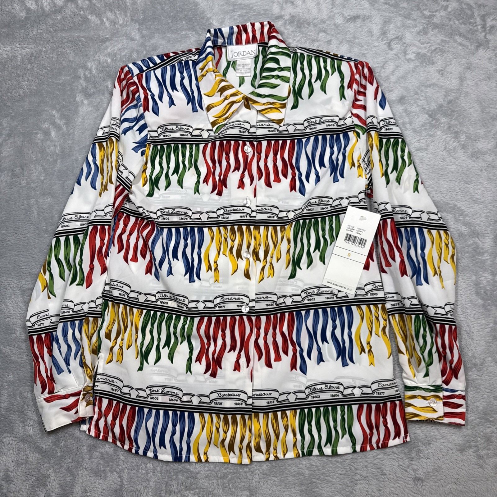 Vintage Jordan Blouse Womens Small White Top Yacht Preppy Rainbow Ribbons Vaca