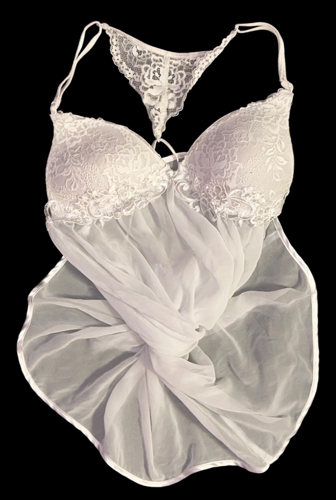 Linea Donatella White Silky Sheer Lace Trim Pearls Nightie Nightgown S