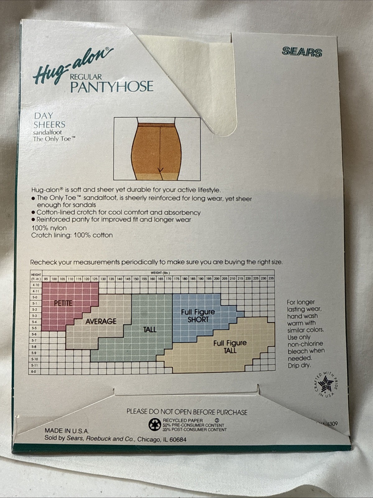 Vintage Sears Hug-alon Pantyhose White Reinforced Toe M Hosiery Size Average