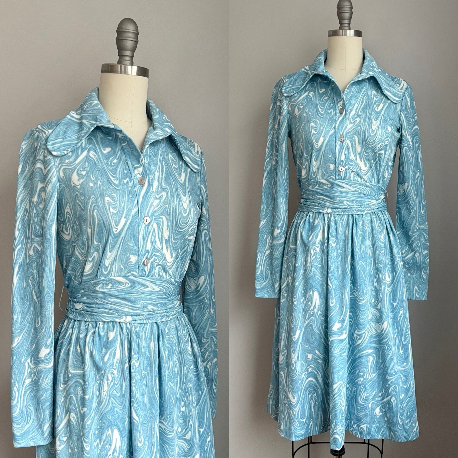 Vintage 1970’s Blue Swirl Print Dog Eared Dagger Collar Shawn Dress XS/S