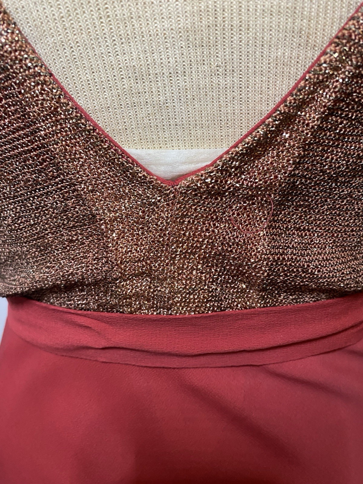 Vintage 1930s Bias Cut Red Rayon Crepe Woven Metallic Knit Evening Gown Dress