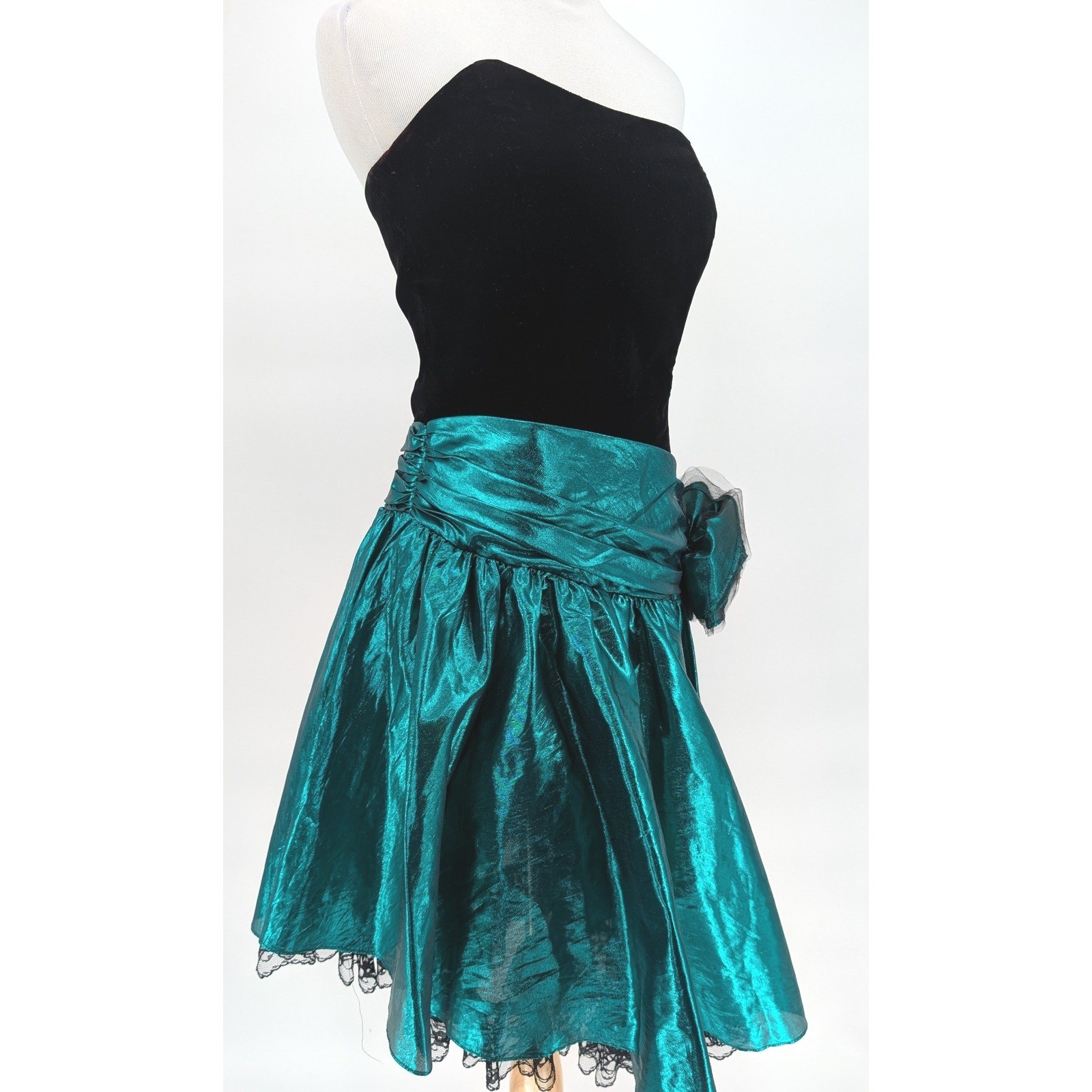 Vintage 80s Strapless Prom Dresses Teal Black Velvet Metallic Bow Glam Gowns